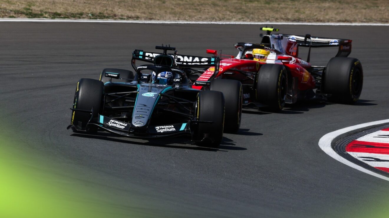 George Russell leads Lewis Hamilton during the Chinese GP Sprint.
