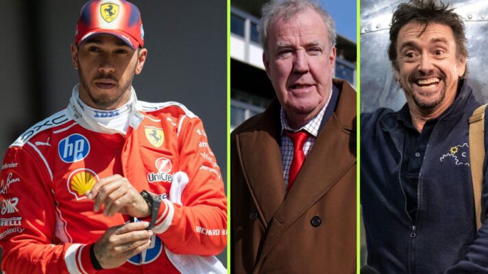 Lewis Hamilton, Ferrari, pictured at the 2026 Chinese Grand Prix, and first on the right, Jeremy Clarkson, followed by Richard Hammond