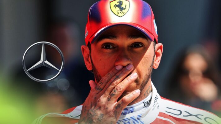 Lewis Hamilton puts his hand to his face at the 2026 Chinese Grand Prix, as a Mercedes badge appears on the left