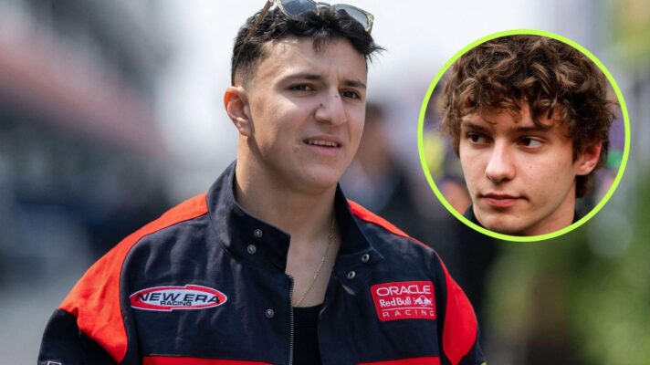 Isack Hadjar, Red Bull, pictured at the 2026 Chinese Grand Prix, as Kimi Antonelli, Mercedes, appears in a top right circle