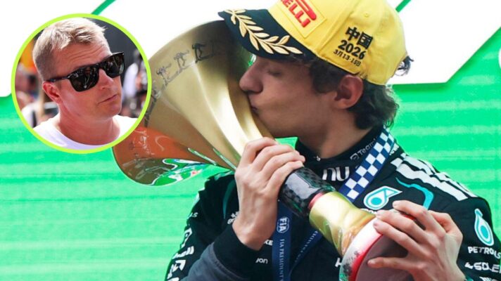 Kimi Antonelli kisses the P1 trophy in China, 2026, as Kimi Raikkonen appears in a top left circle