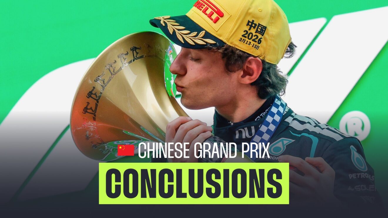A close-up shot of Kimi Antonelli kissing the trophy with a PlanetF1.com conclusions banner positioned centre-bottom