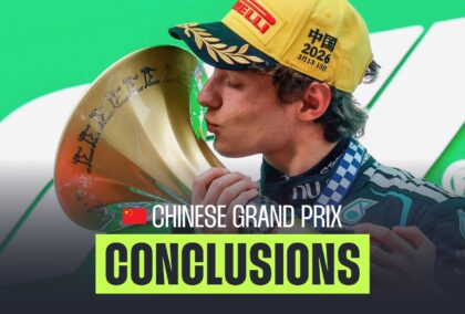 A close-up shot of Kimi Antonelli kissing the trophy with a PlanetF1.com conclusions banner positioned centre-bottom