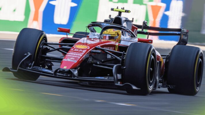 A ground-level shot of Lewis Hamilton's Ferrari with active aero open on the main straight in Shanghai