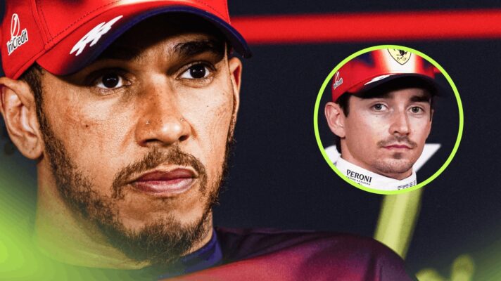 A close-up shot of Lewis Hamilton in a press conference with an inset of Charles Leclerc