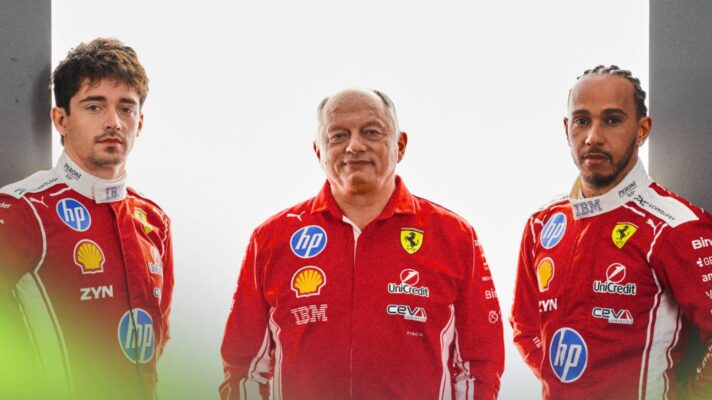 Charles Leclerc, Fred Vasseur and Lewis Hamilton pose together in a Ferrari studio shot