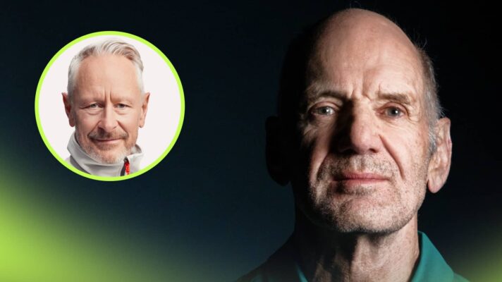 A portrait of Adrian Newey with an inset of Jonathan Wheatley