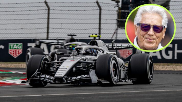 Valtteri Bottas ahead of Cadillac teammate Sergio Perez at the 2026 Chinese Grand Prix, as Mario Andretti appears in a top right circle