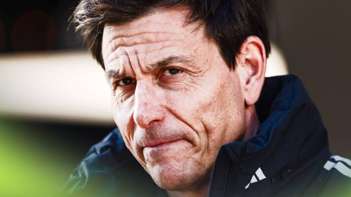 A close-up shot of Toto Wolff eyeing the camera in the Shanghai pit lane