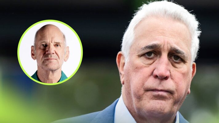 Lawrence Stroll looks glum in the paddock with an inset of Adrian Newey