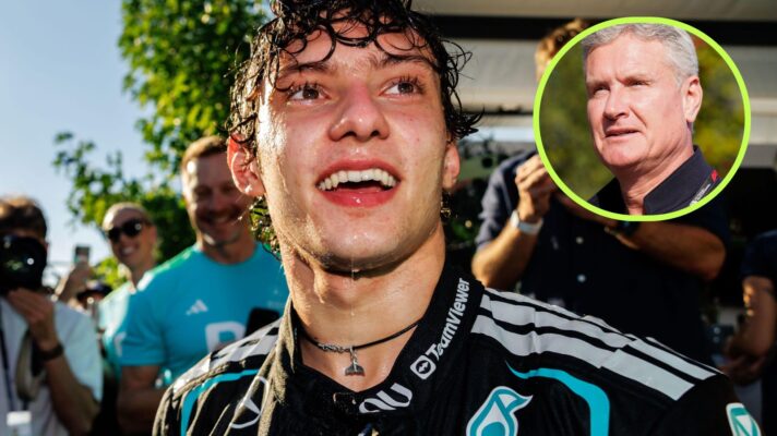 Kimi Antonelli, Mercedes, celebrates his 2026 Chinese Grand Prix win, as David Coulthard appears in a top right circle