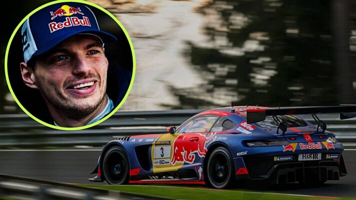 Red Bull's Max Verstappen in action in his Mercedes-AMG GT3 car at the Nurburgring Nordschleife.