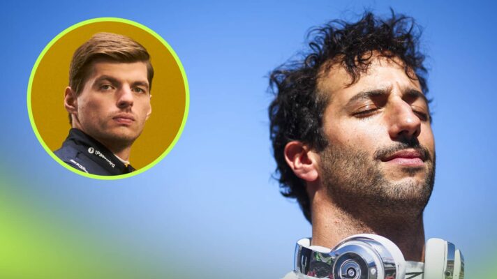 Daniel Ricciardo closes his eyes with a bright-blue sky in the background and an inset of Max Verstappen alongside him