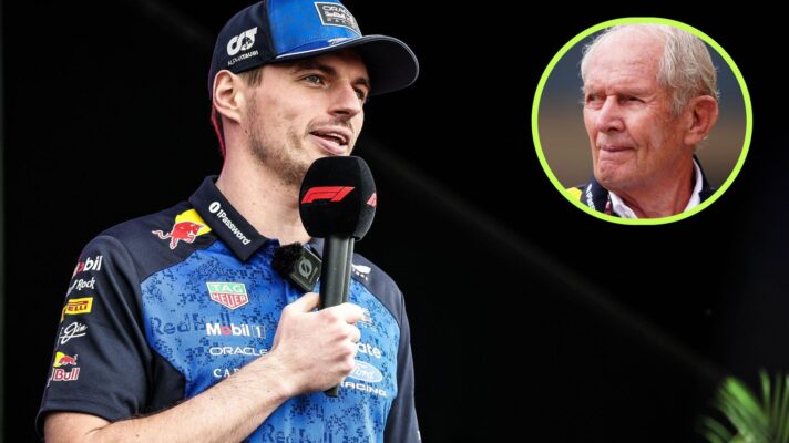 Max Verstappen, Red Bull, speaking at the 2026 Australian Grand Prix, as Helmut Marko appears in a top right circle