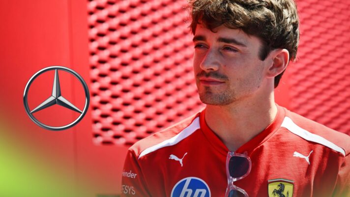 Charles Leclerc, Ferrari, pictured at the 2026 Australian Grand Prix, as a Mercedes logo appears on the left