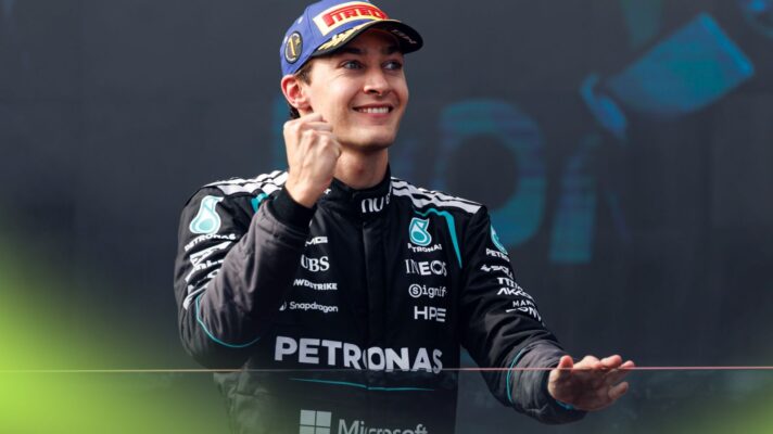 Mercedes driver George Russell celebrates his 2026 Australian Grand Prix victory
