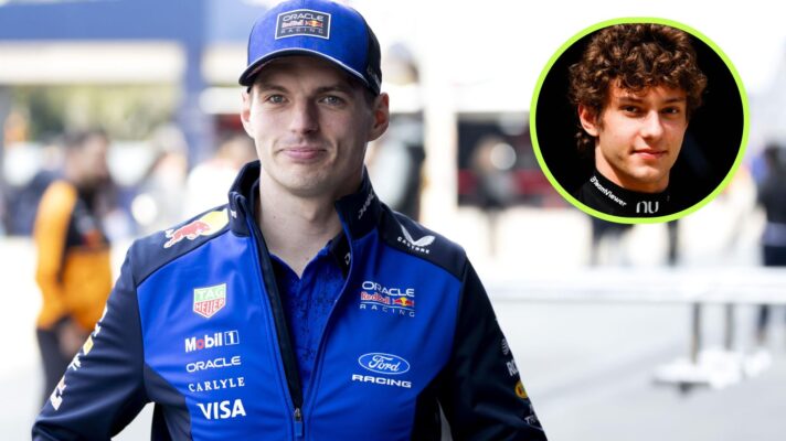 Max Verstappen, Red Bull, pictured at the 2026 Chinese Grand Prix, as Kimi Antonelli, Mercedes, appears in a top right circle