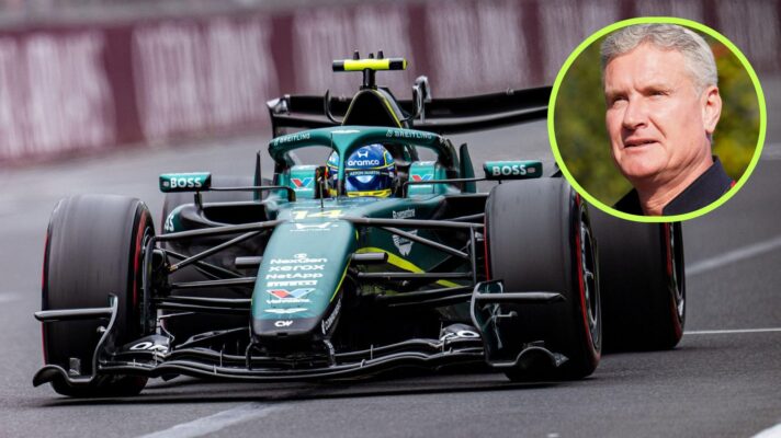 Fernando Alonso driving the Aston Martin AMR26 in Melbourne, as David Coulthard appears in a top right circle