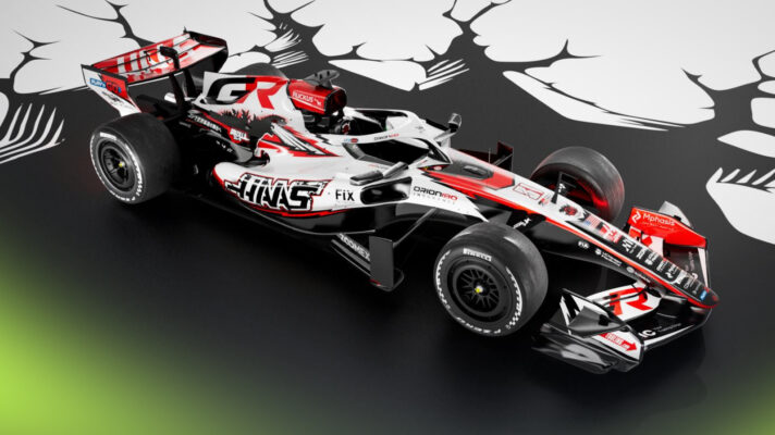 A studio shot of the Haas VF-26 with its special Godzilla livery for the 2026 Japanese Grand Prix