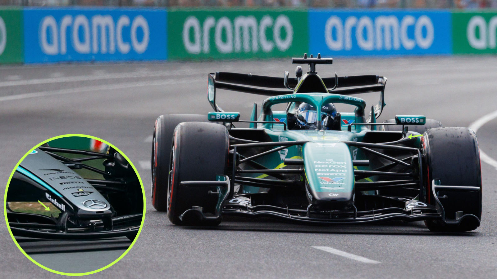 Aston Martin AMR26 active aero (Mercedes W17 detail inset)