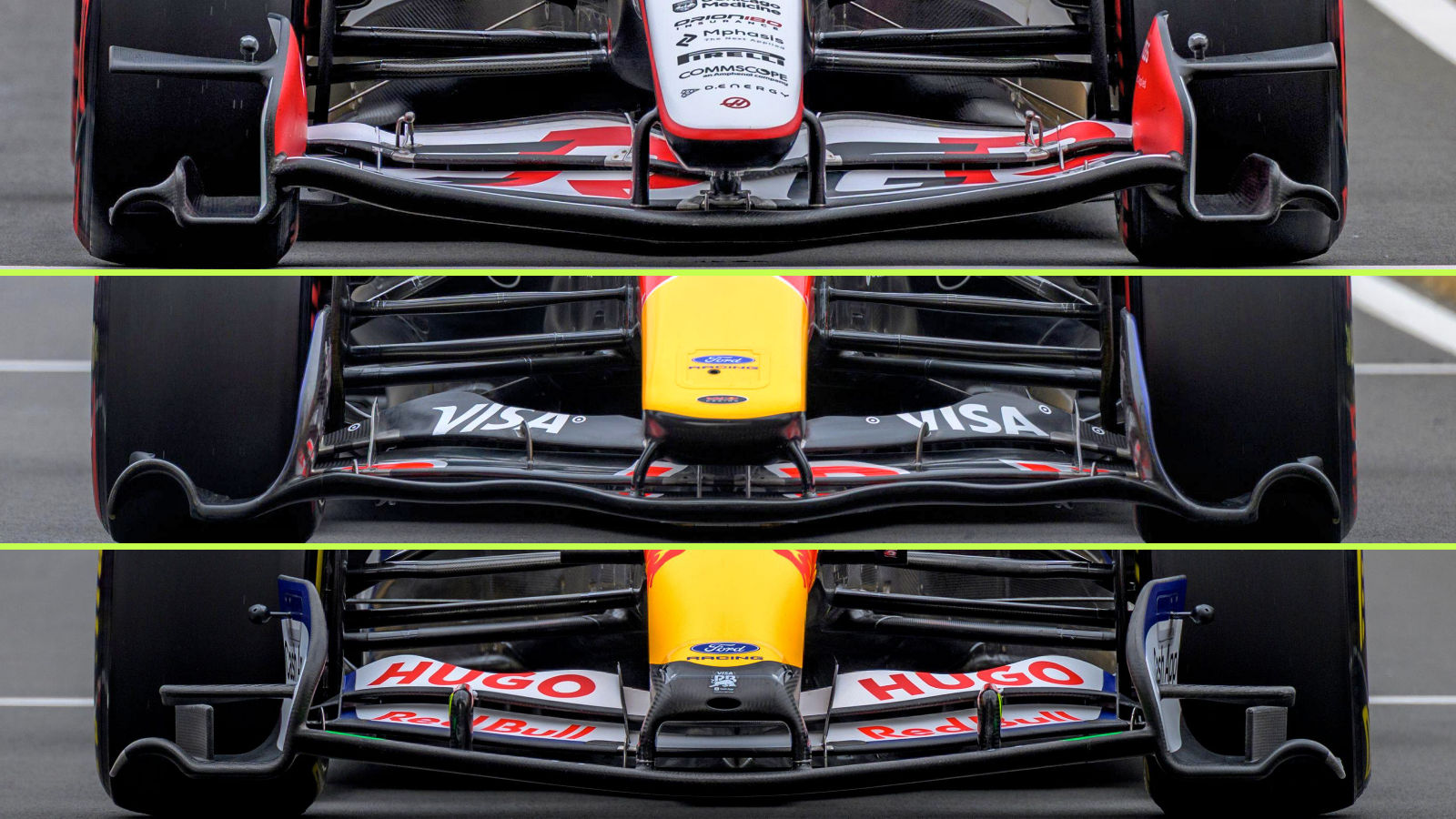 Haas, Red Bull & Racing Bulls front wing comparison