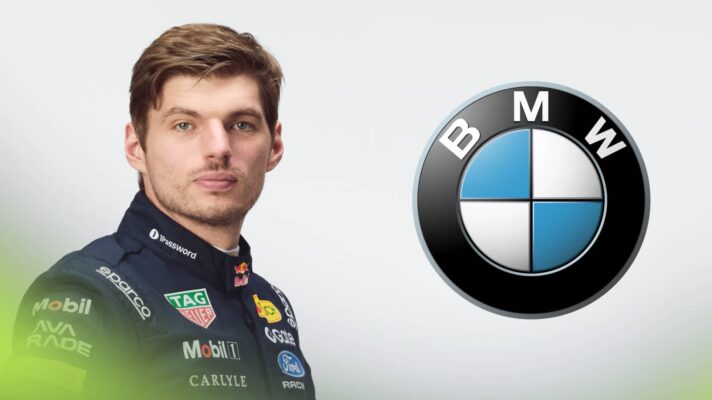 A studio shot of Max Verstappen in Red Bull 2026 overalls with a prominent BMW logo alongside him