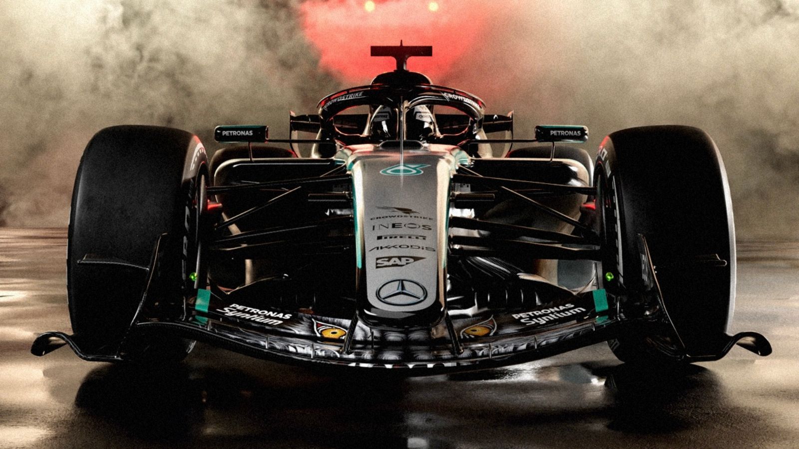 A front view of the 2026 Japanese Grand Prix Mercedes W17, with its wolf design front wing