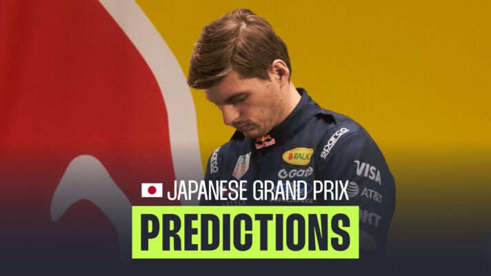 Max Verstappen looks down where a banner reading 'Japanese Grand Prix predictions' sits below