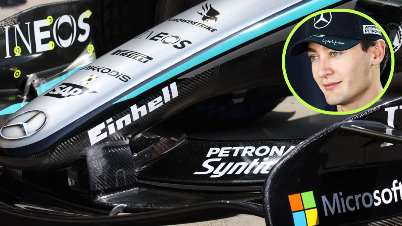 Mercedes' front wing and George Russell