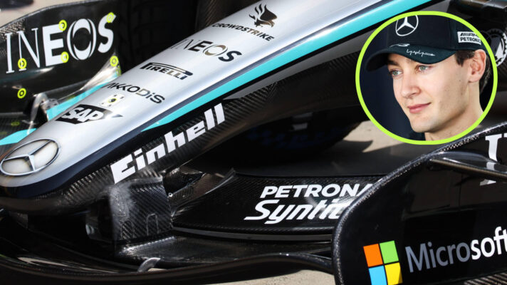 Mercedes' front wing and George Russell