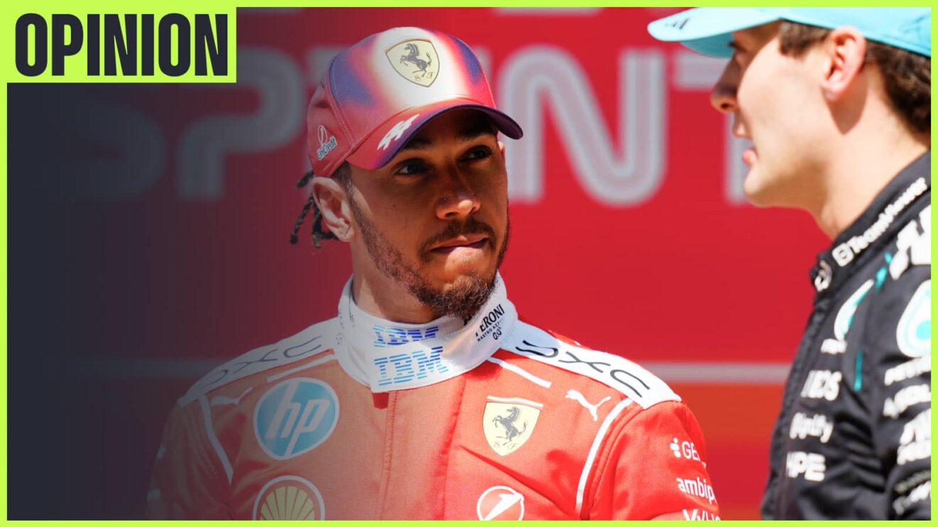 Lewis Hamilton looks on as George Russell speaks with an 'opinion' tab in the top-left corner