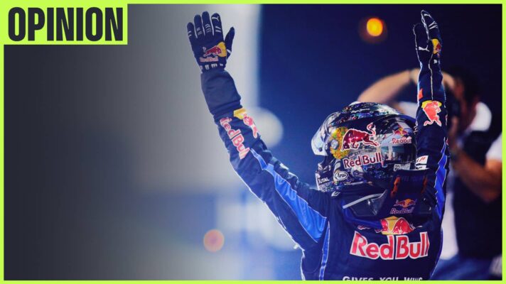 Sebastian Vettel raising his arms in celebration at night in Abu Dhabi with an 'opinion' tab in the top-left corner