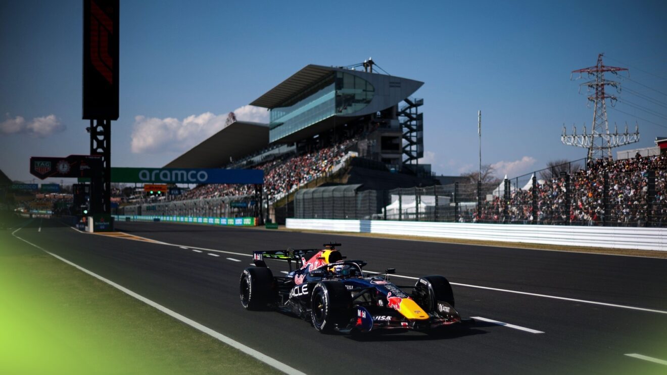 Max Verstappen exits the pit lane during practice in Japan.