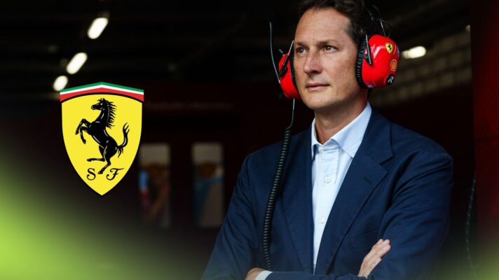 Ferrari chairman John Elkann pictured at the 2025 Hungarian Grand Prix, with a Ferrari badge on the right