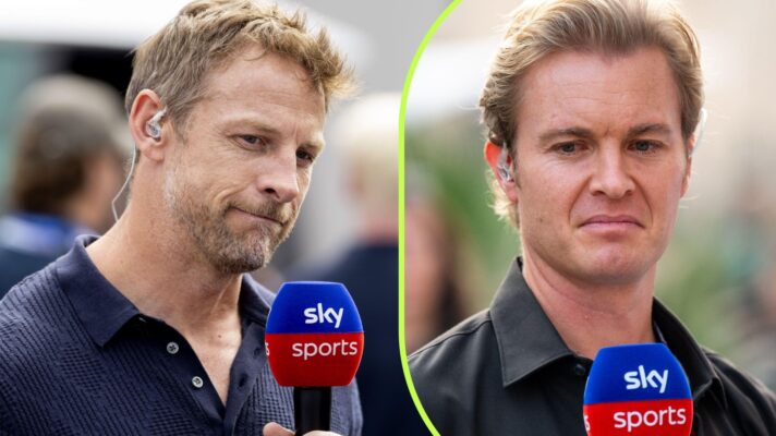On the left, Jenson Button, and on the right, Nico Rosberg, both with a Sky F1 microphone in hand