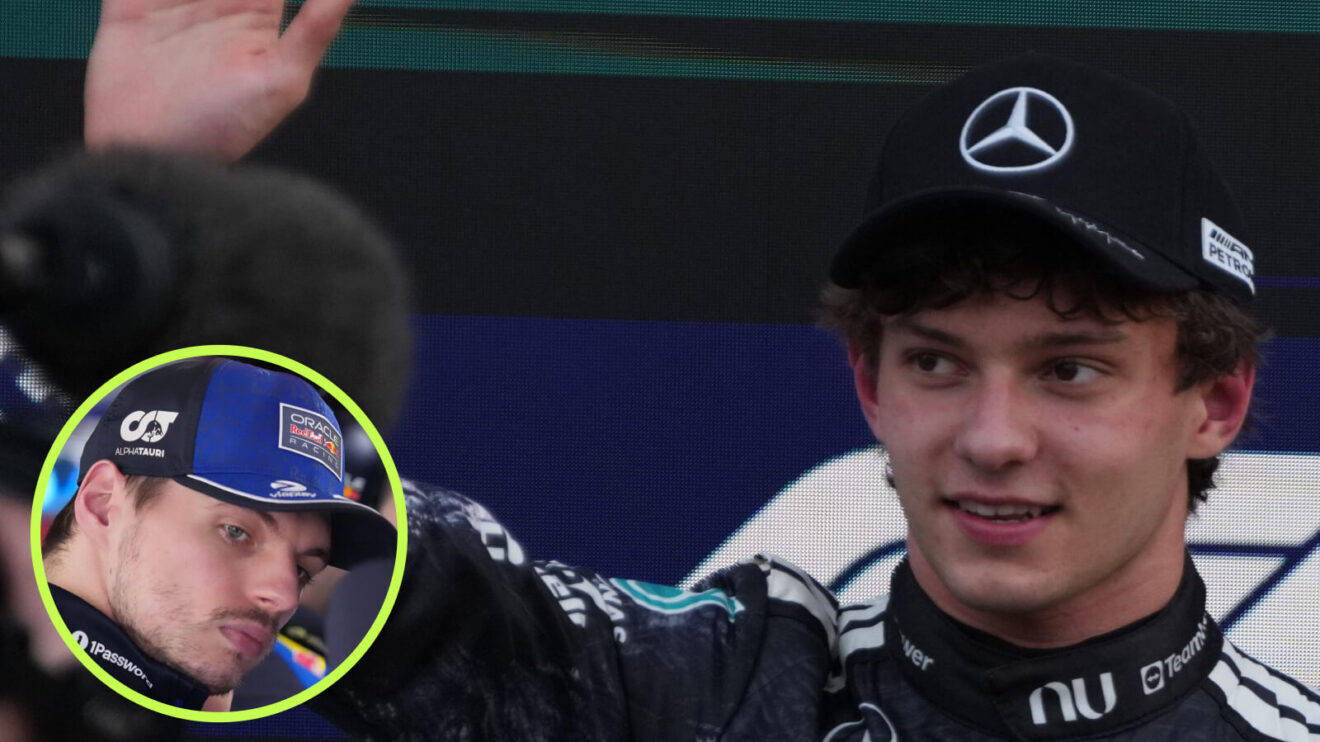 Kimi Antonelli celebrates, Max Verstappen in the circle