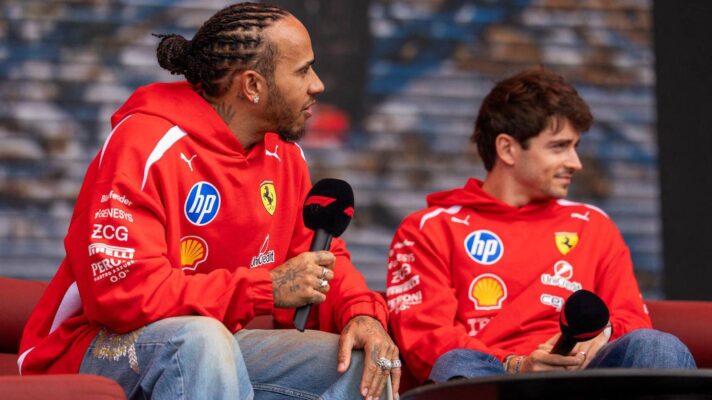 Ferrari's Lewis Hamilton, left, and Charles Leclerc, right, speaking at the 2026 Australian Grand Prix