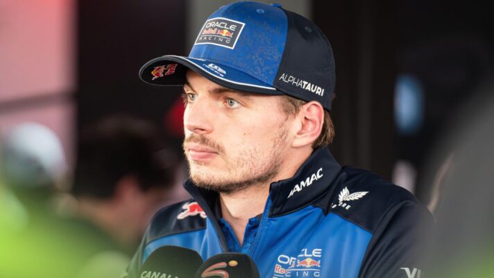Max Verstappen is interviewed in the media pen at Suzuka.