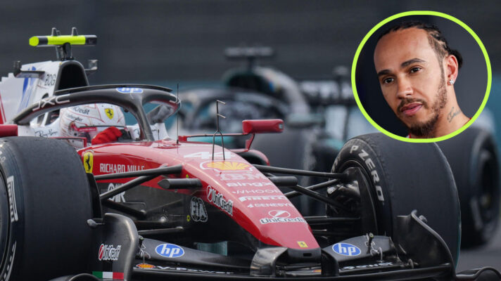 Lewis Hamilton running ahead of a Mercedes, Lewis Hamilton in the circle