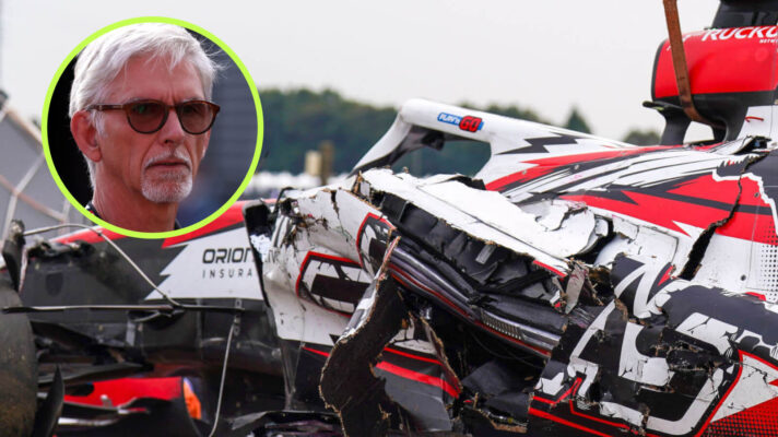 Oliver Bearman's crashed Haas, and Damon Hill in the circle