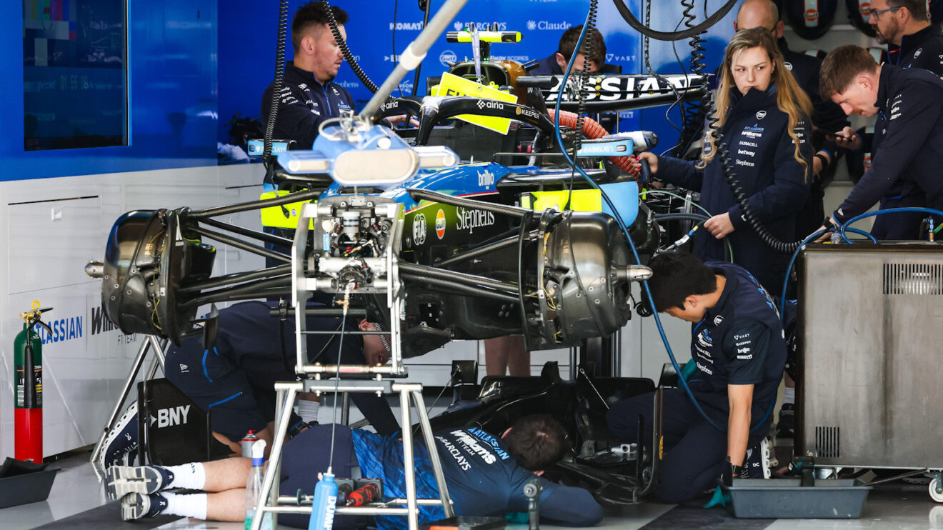 Williams mechanics work on the FW48, which provides us a view of the internal nest arrangement of their front brake duct.