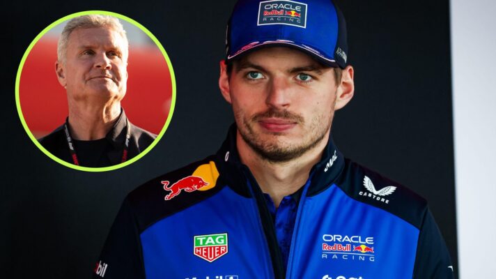 Max Verstappen, Red Bull, pictured at the 2026 Japanese Grand Prix, as David Coulthard appears in a top left circle