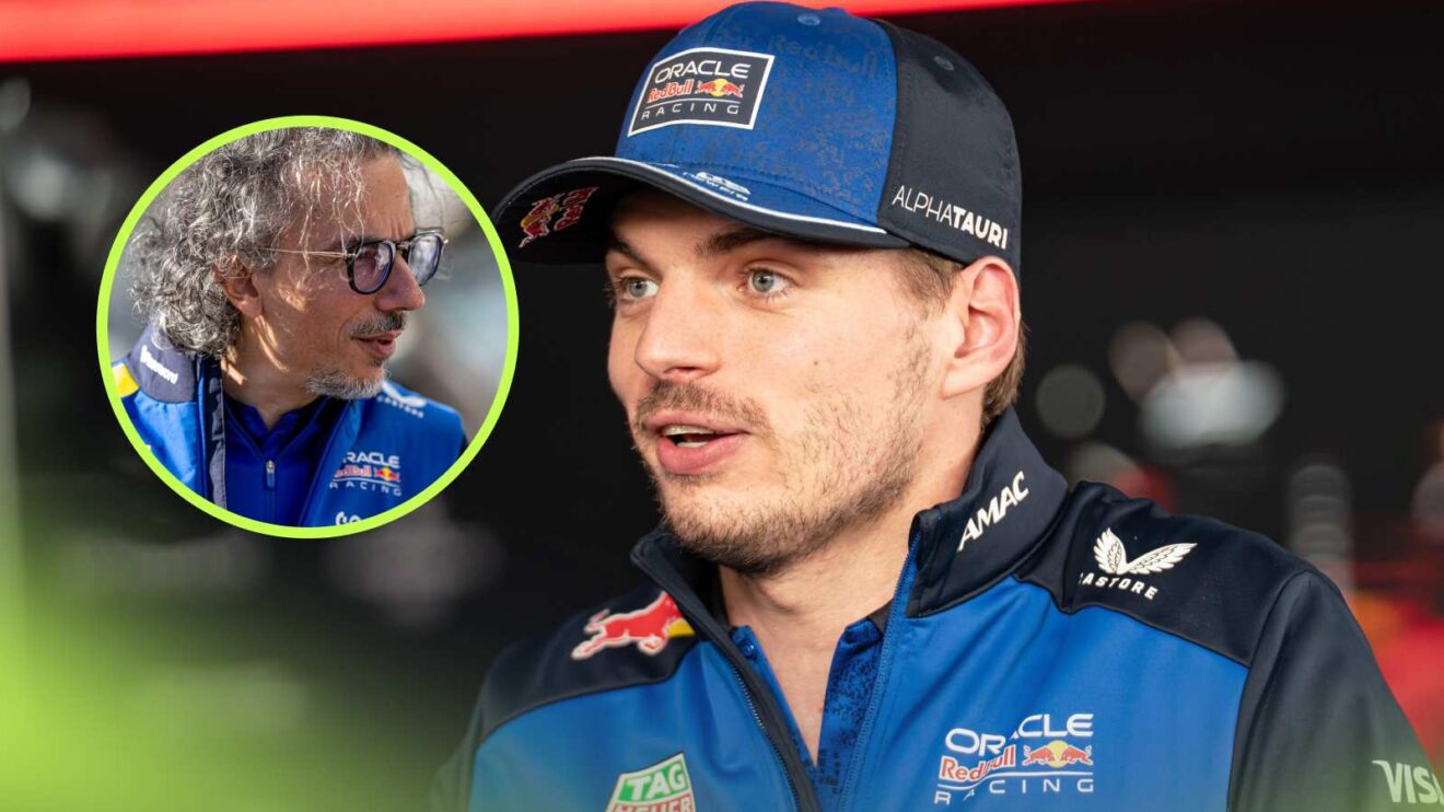 Max Verstappen with Laurent Mekies inset.