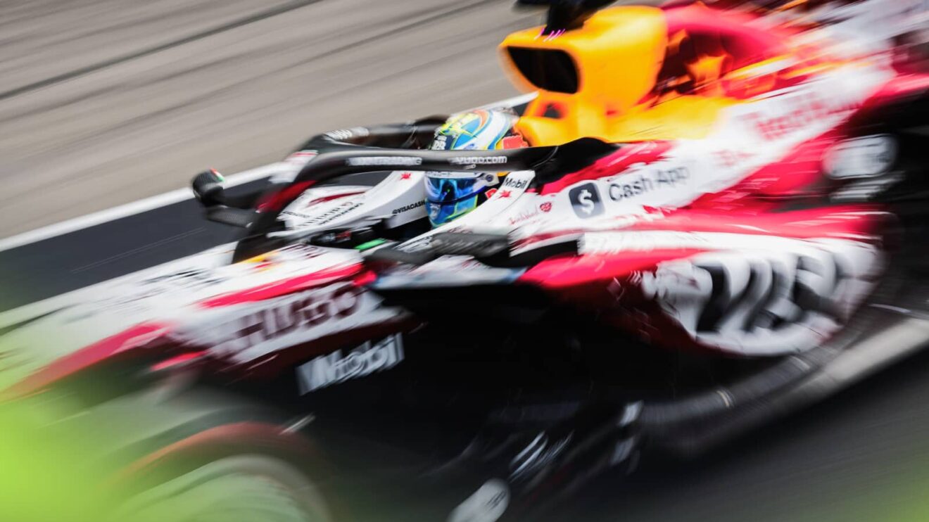 An action shot of Arvid Lindblad behind the wheel of the Racing Bulls VCARB03 at Suzuka