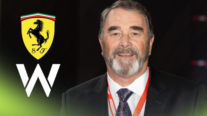 Nigel Mansell pictured at the F1 75 launch in London, 2025, as the Ferrari (above) and Williams (below) badges appear on the left