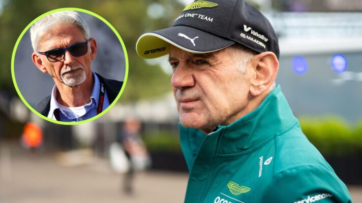 Aston Martin team principal Adrian Newey pictured at the 2026 Australian Grand Prix, as Damon Hill appears in a top left circle
