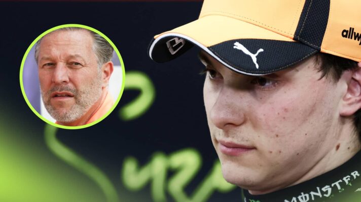 A close-up shot of Oscar Piastri in a press conference with an inset of Zak Brown