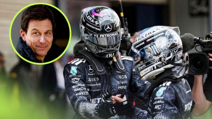 Mercedes drivers George Russell and Kimi Antonelli shake hands, with Toto Wolff inset.