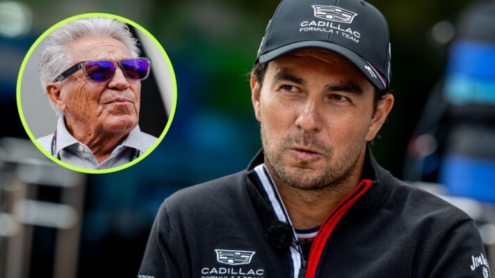 Sergio Perez, Cadillac, pictured at the 2026 Chinese Grand Prix, as Mario Andretti appears in a top left circle