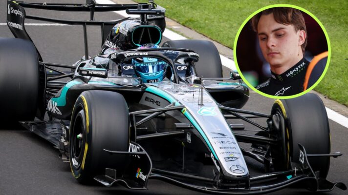 George Russell, Mercedes, deploys straight mode in Melbourne, as Oscar Piastri appears in a top right circle